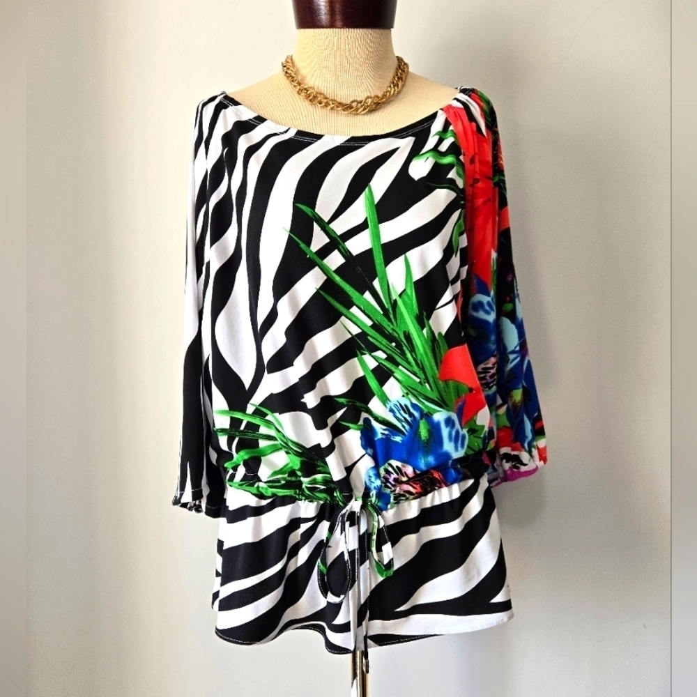 JOSEPH RIBKOFF Zebra Print Floral Accent Tie Waist Top. Size 14